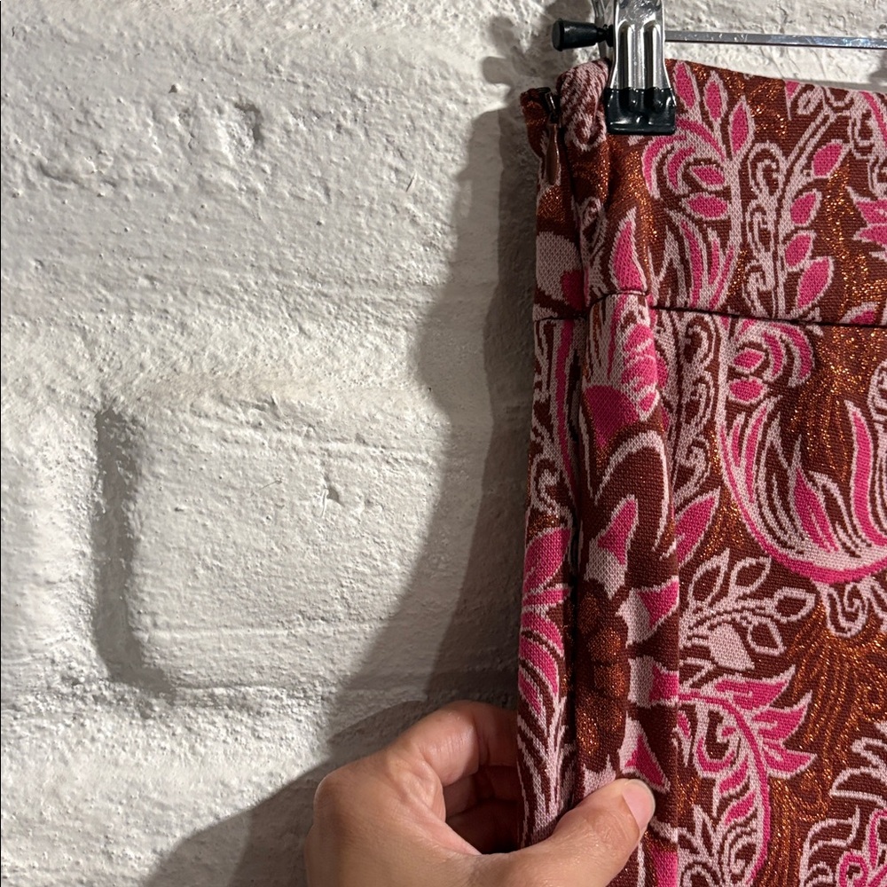 Anthropologie Maeve Pink Bronze Metallic Floral Paisley Wide Leg Flare Pants. - Picture 7 of 10